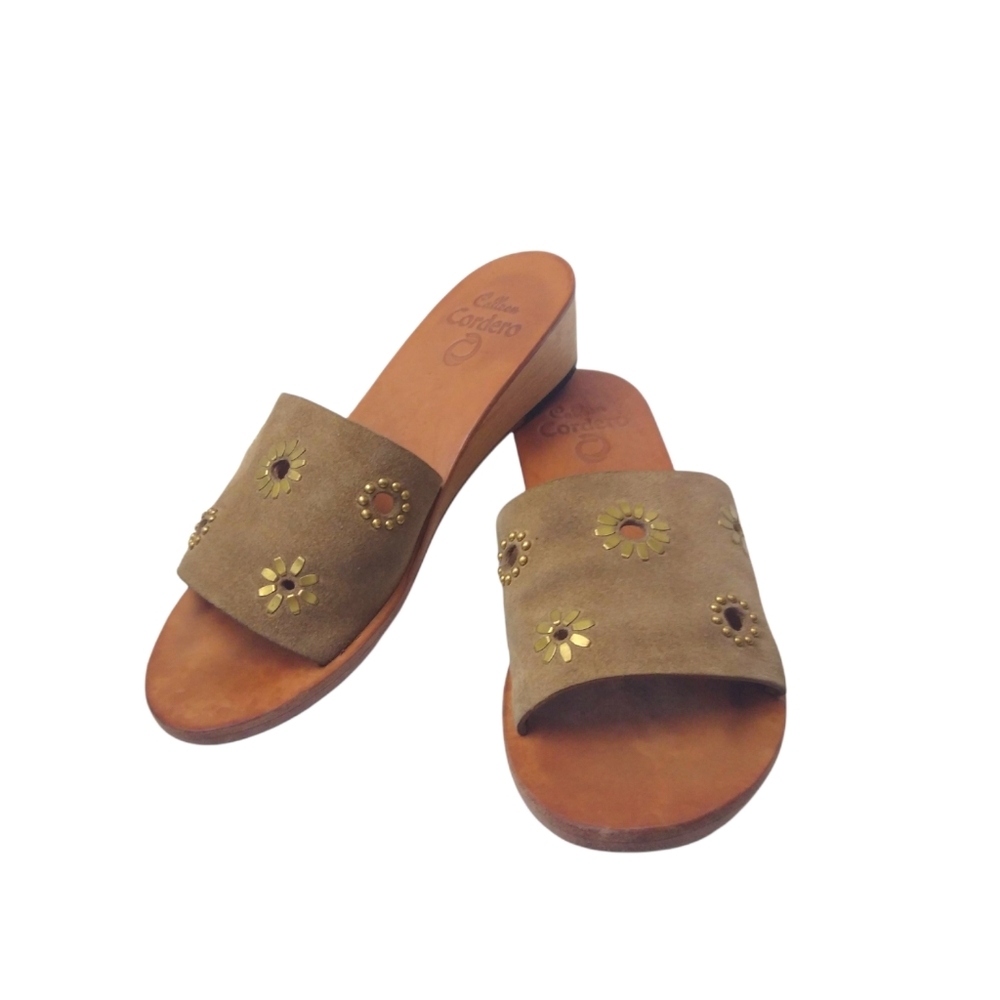 Calleen Cordero Womens Brown Gold Suede Leather Studded Wood Wedge Sandals US 7